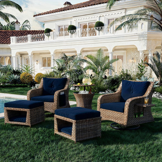 Hyronthia - Set of 2 - 35" Swivel Rocking Patio Chairs with Navy Cushions, Cool Bar Table, and Ottoman Pet House