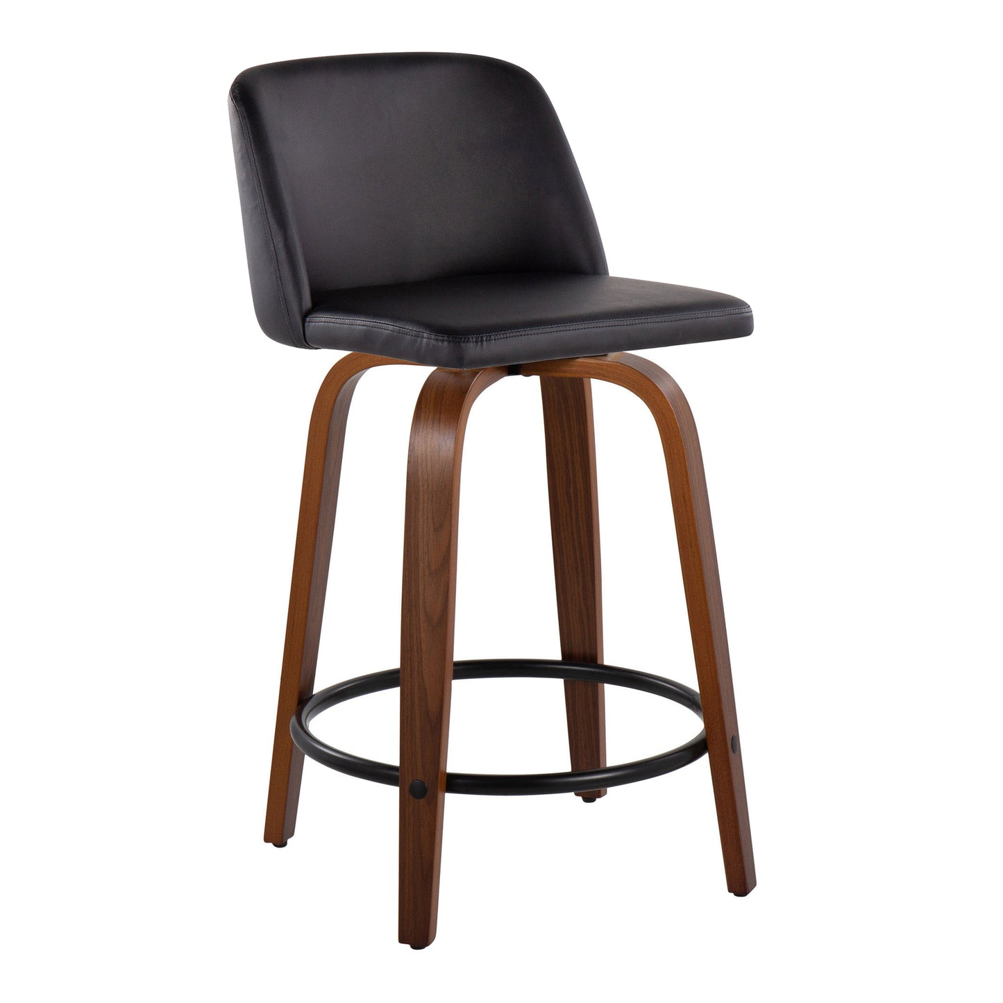 Taldon - Set of 2 - 24" Mid-Century Modern Fixed-Height Swivel Counter Stools – Walnut Wood & Black Faux Leather, Round Metal Footrest