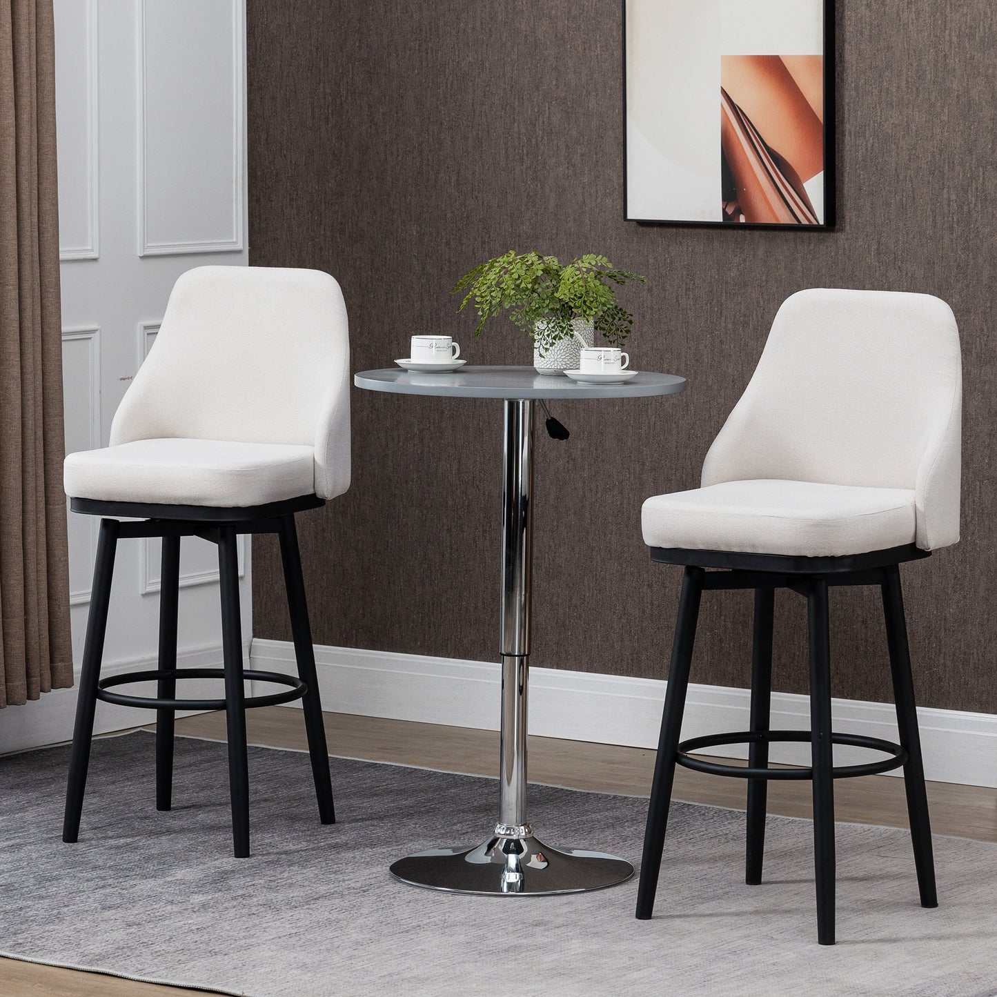 Monteux - Set of 2 - 30" Modern Bar Stools, 360° Swivel Upholstered Bar Chairs with Steel Legs and Footrest, Cream White