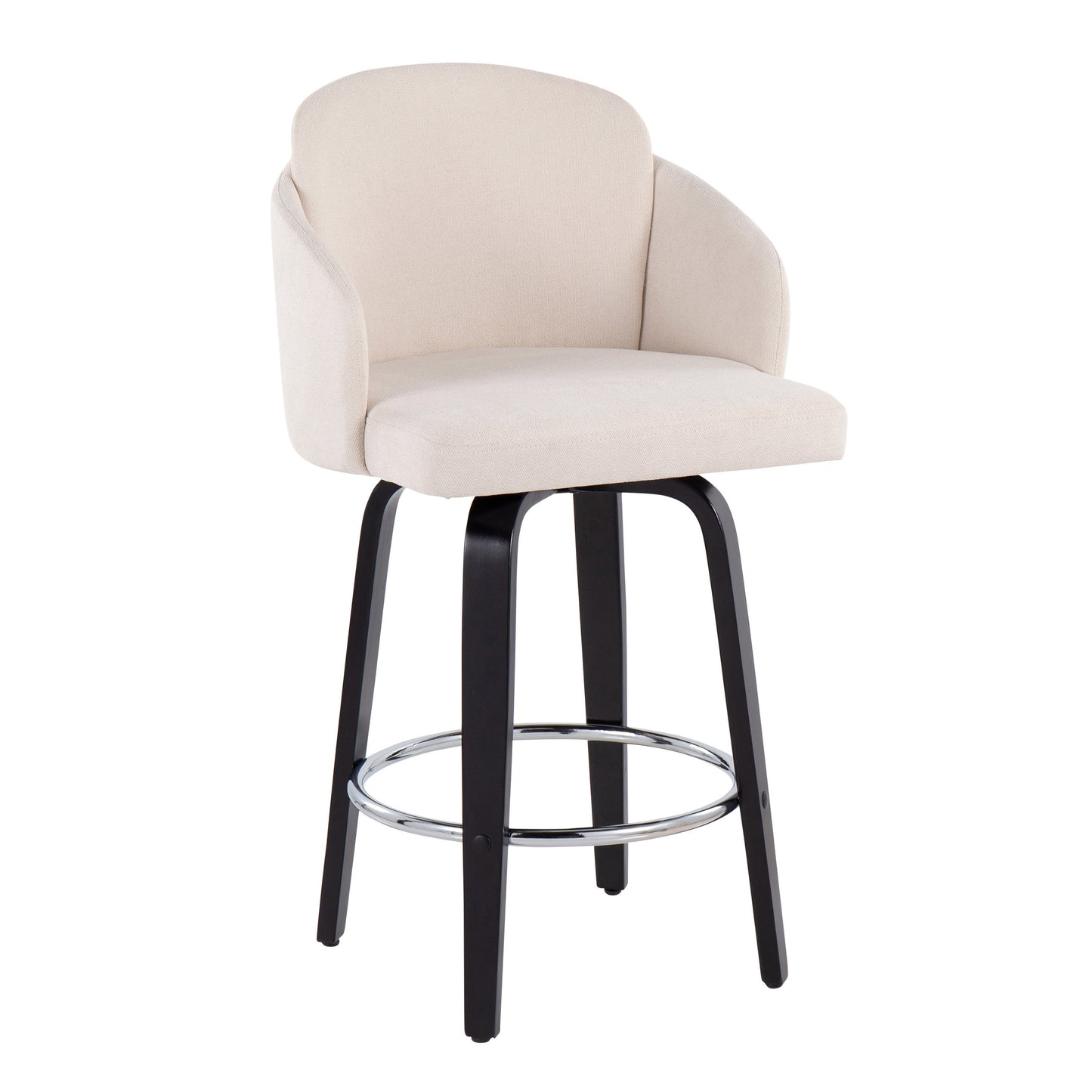 Monet - Set of 2 - 30" Black Wood and Cream Fabric Counter Stools with Round Chrome Footrest and Swivel Seating