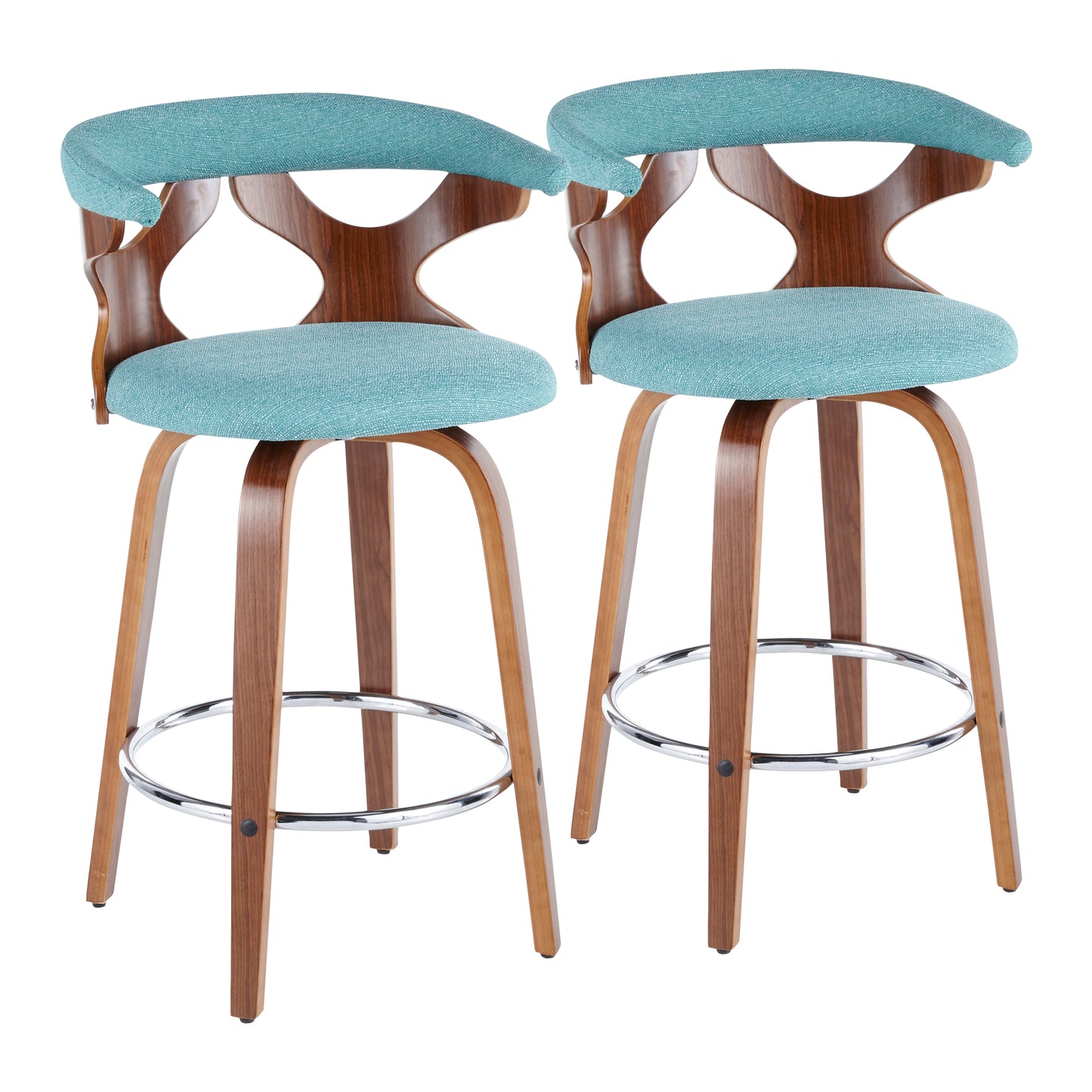 Gaylen - Set of 2 - 20" Walnut Mid-Century Modern Counter Stools with Teal Upholstered Swivel Seats