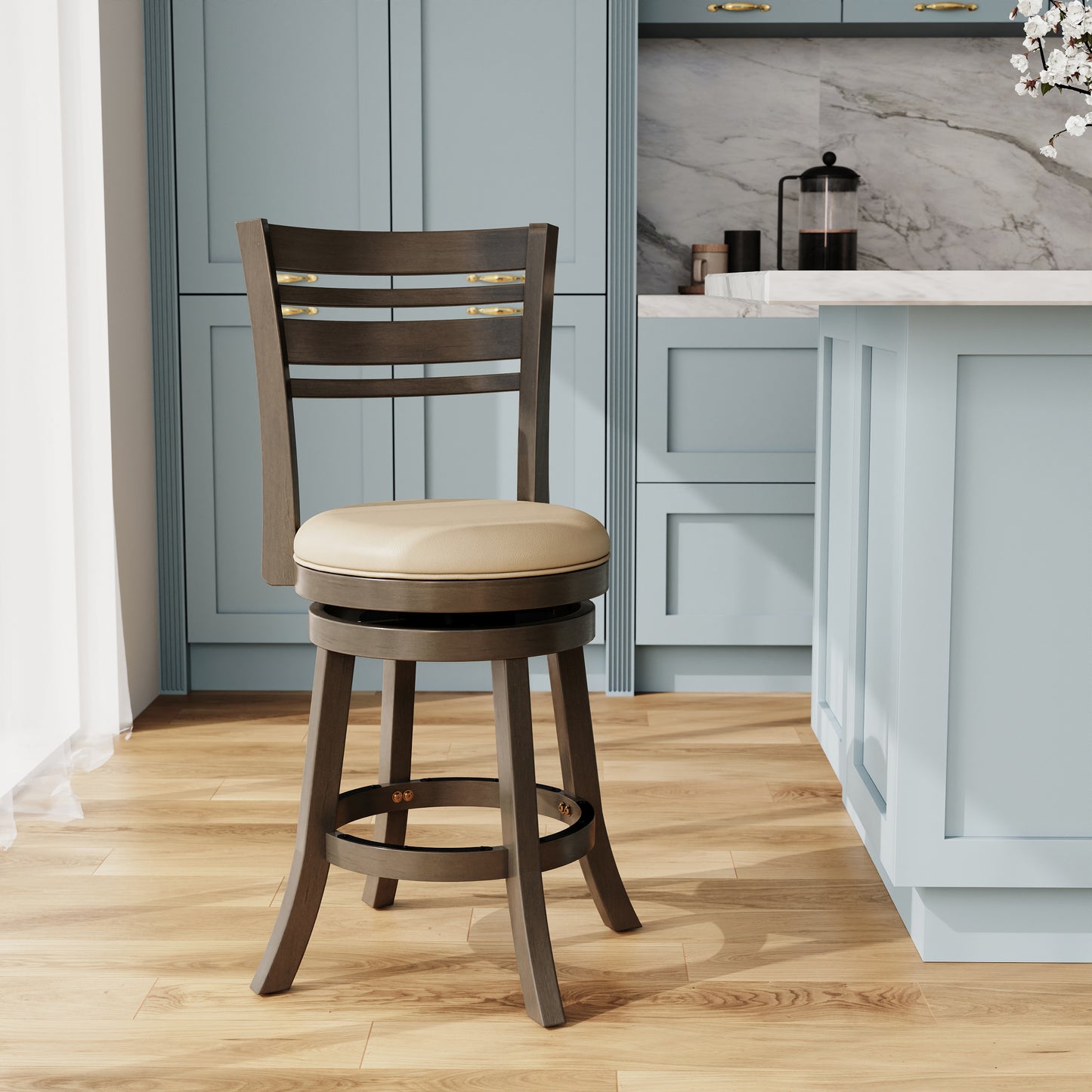 Tynora - Set of 2 - 24" Mid-Century Modern Counter Stools with Cream Faux Leather, Walnut Wood Frame, and Black Footrest