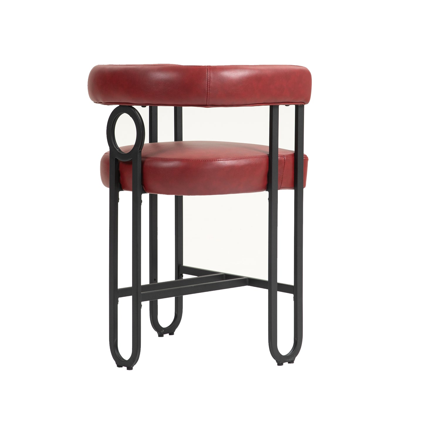 Silver - Set of 2 - 24" Wine Red PU Counter Height Bar Stools with Curved Backrest, Black Metal Frame, Thick Cushion for Kitchen or Dining Room