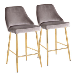 Mirthwell - Set of 2 - 24" - Glam Gold Metal Counter Stools with High Back and Silver Velvet Upholstery, Elegant Design for Stylish Kitchens and Dining Spaces