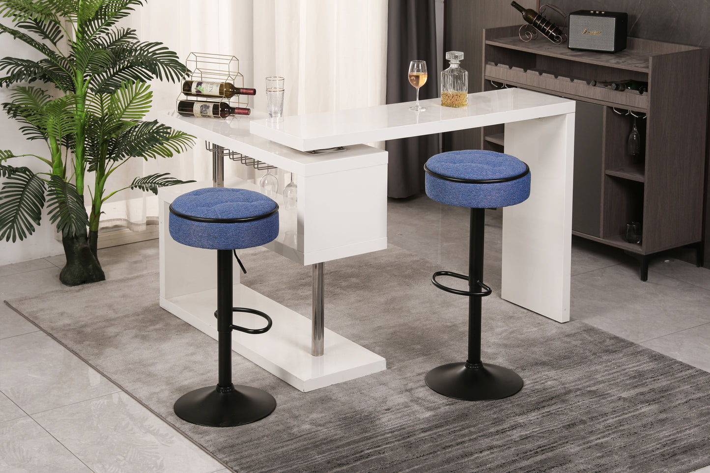 Veynard - Set of 2 - 24" Blue Linen Adjustable Bar Stools with 360° Swivel, Metal Frame for Kitchen and Dining