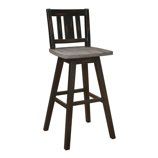 Cassandry - Set of 2 - 29" Distressed Gray and Black Swivel Bar Chairs with Vertical Slat Back Design