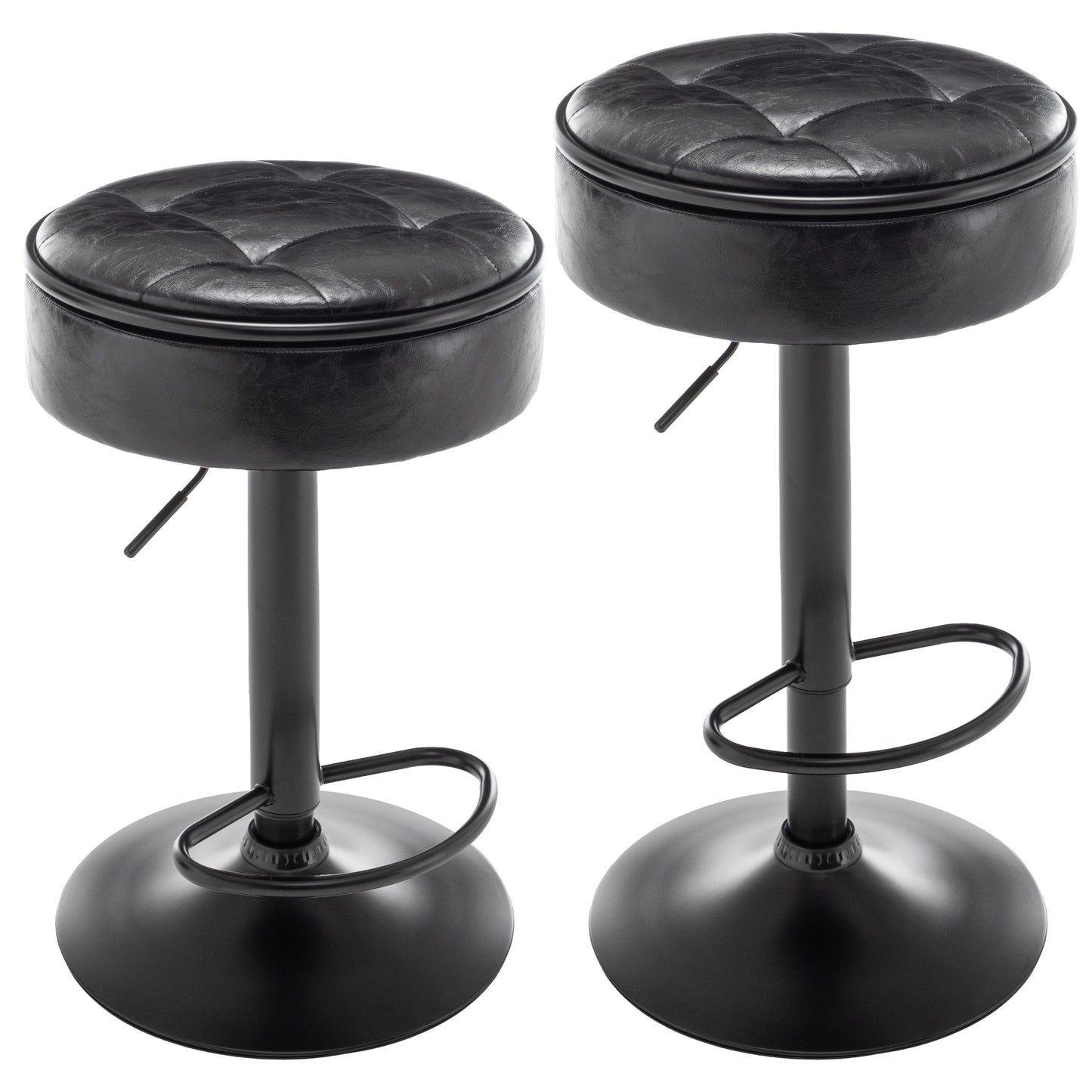 Lavrin - Set of 2 - 29" Black PU Leather Adjustable Bar Stools with 360° Swivel, Hidden Storage, Modern Design for Kitchen & Living Spaces