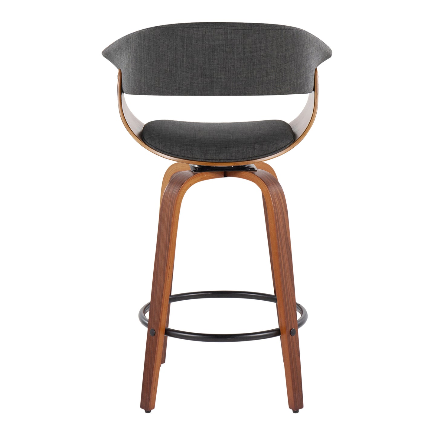 Lyle - Set of 2 - 26" Mid-Century Modern Swivel Counter Stools in Walnut Wood and Charcoal Fabric with Black Metal Footrest