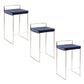 Lemox - Set of 3 - 26" Contemporary Stackable Counter Stools in Stainless Steel with Blue Velvet Cushion - 16" L x 17.5" W x 31" H