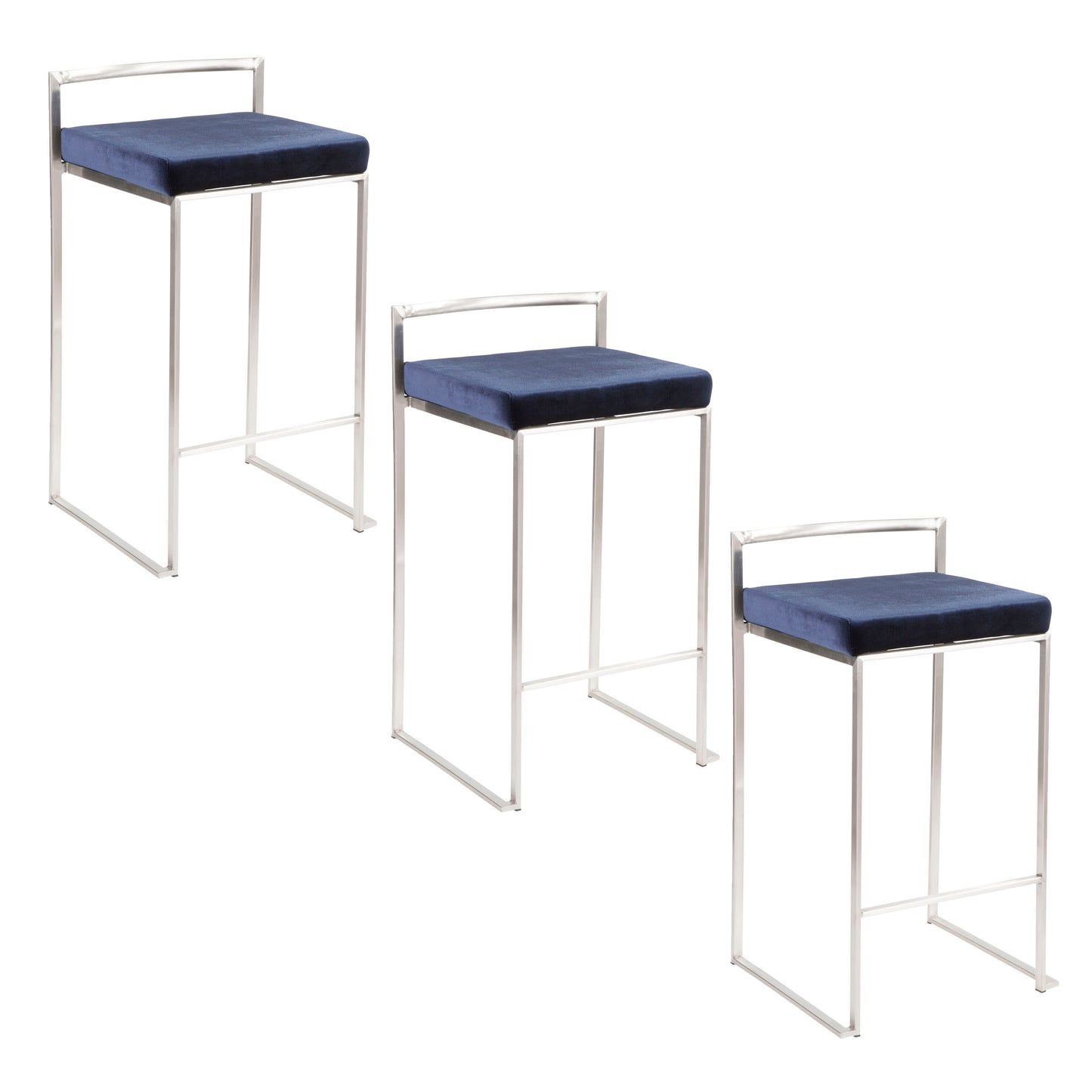 Lemox - Set of 3 - 26" Contemporary Stackable Counter Stools in Stainless Steel with Blue Velvet Cushion - 16" L x 17.5" W x 31" H