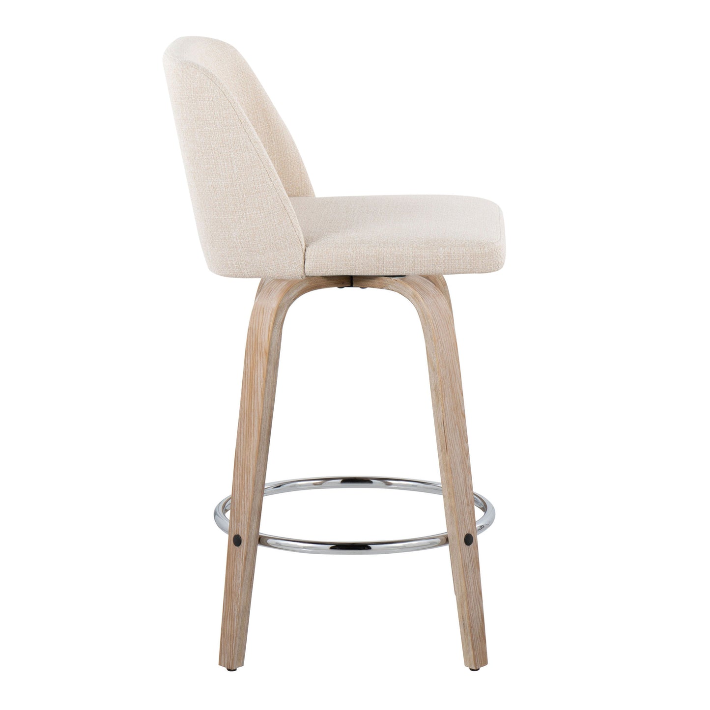 Tynor  - Set of 2 - 24"Whitewashed Wood Fixed-Height Swivel Counter Stools with Cushioned Cream Upholstery and Chrome Footrest