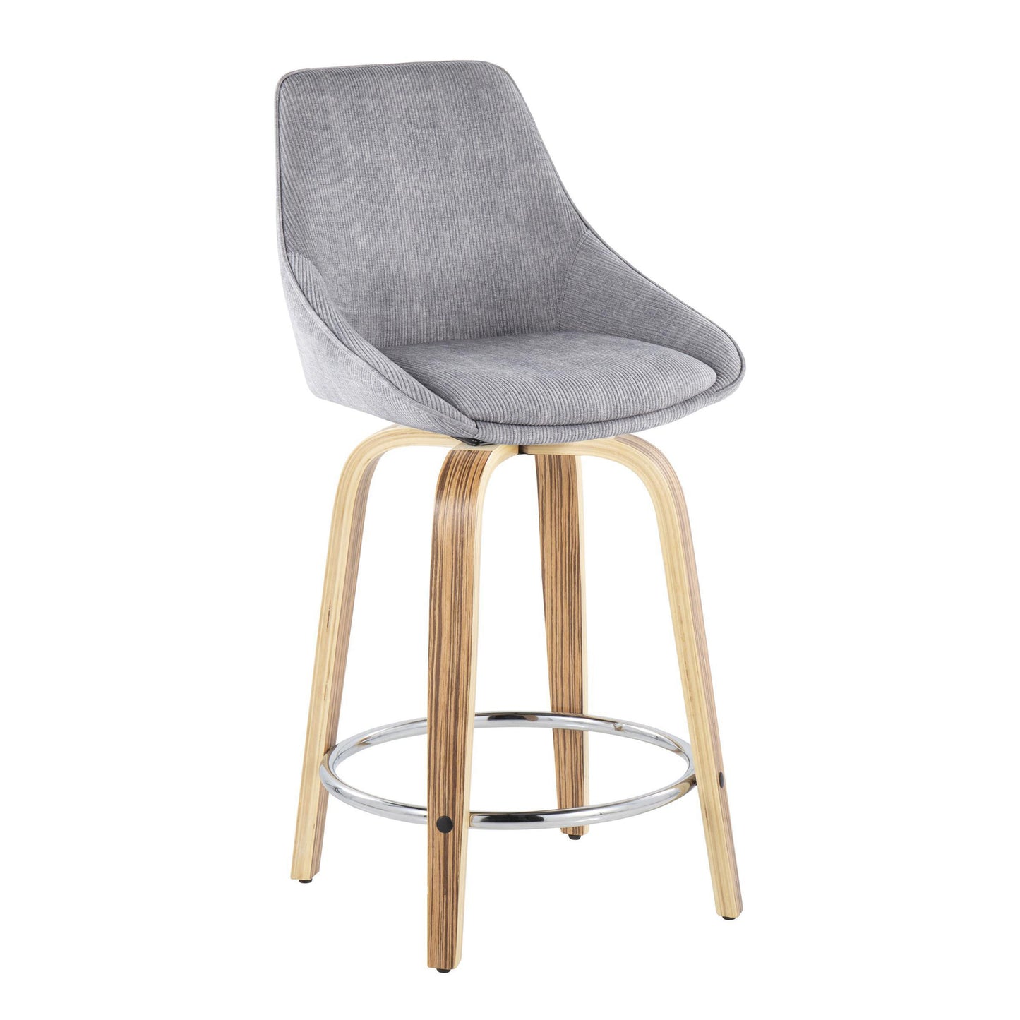 Daven - Set of 2 - 24" Grey Corduroy and Zebra Wood Counter Stools with Swivel and Chrome Footrest