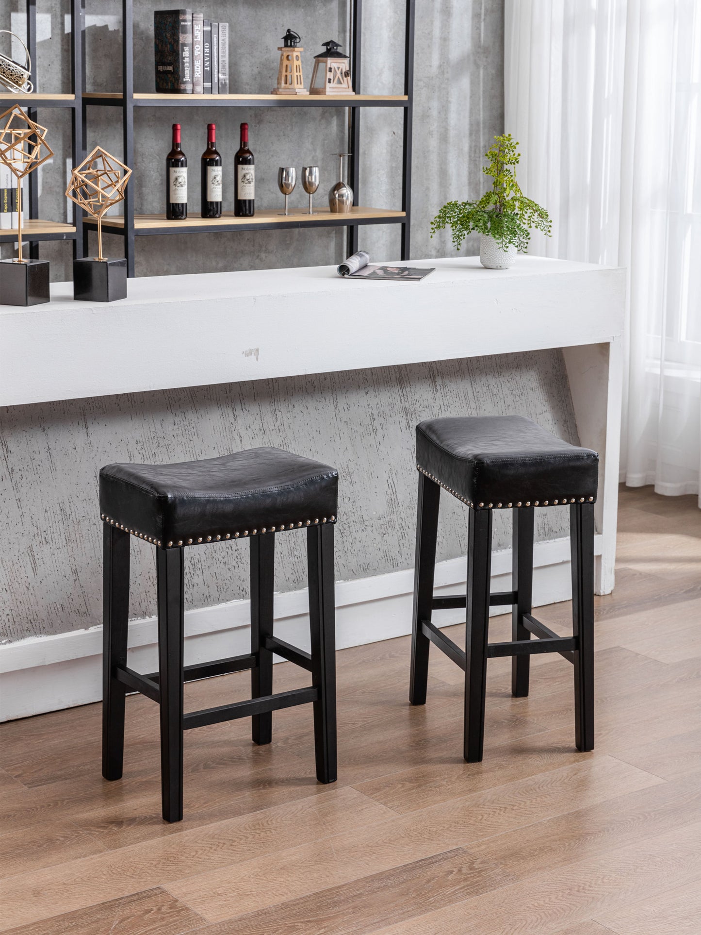 Hazelwood - Set of 2 - 29" Black Faux Leather Counter Height Stools - Backless Farmhouse Design - Comfortable Bar Chairs for Kitchen