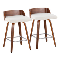 Marken - Set of 2 - 26" Mid-Century Modern Fixed-Height Swivel Counter Stools with Walnut Wood Frame, Cream Fabric Seat