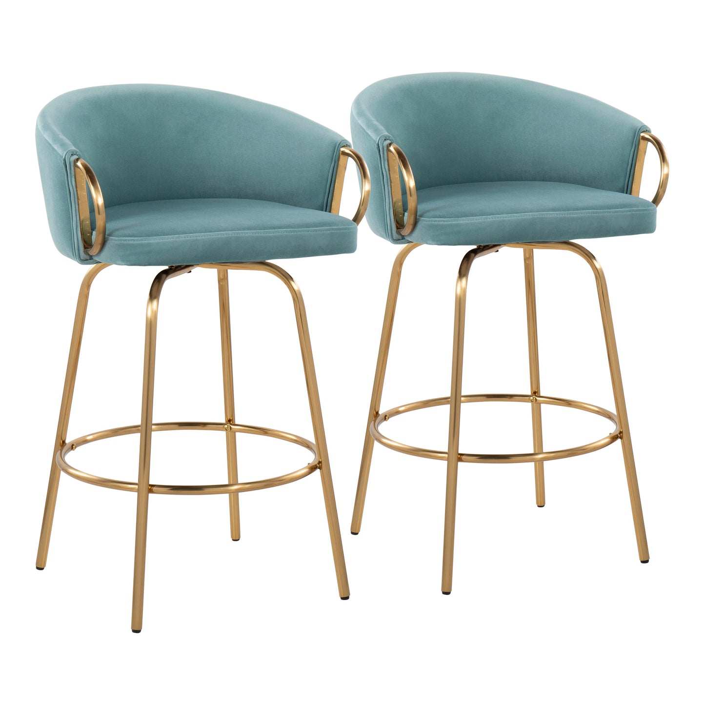 Evelina - Set of 2 - 20" Light Blue Velvet and Gold Steel Counter Stools