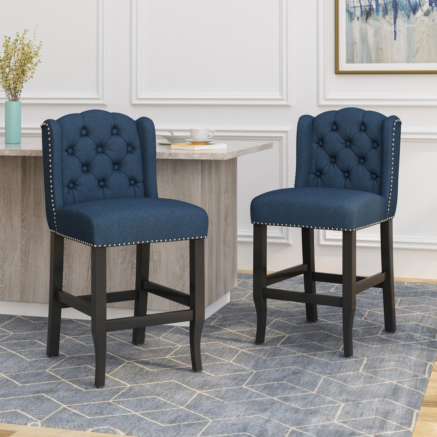 Vandalisa - Set of 2 - 27" Navy Blue & Dark Brown Fabric Tufted Wingback Counter Stools