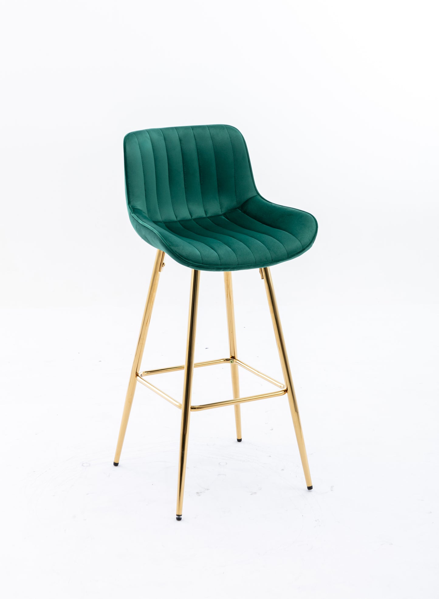 Intrin - Set of 2 - 26" Green Velvet Bar Stools with Chrome Footrest and Golden Legs