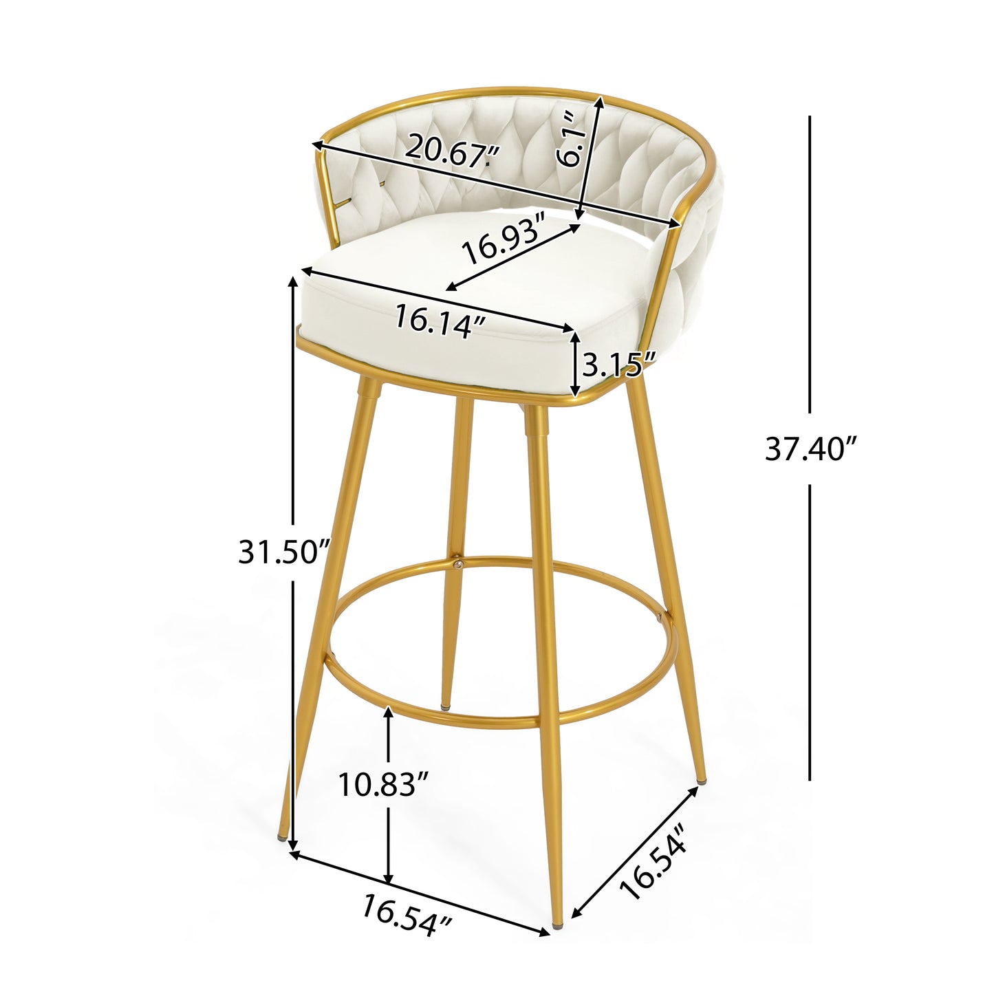 Stalbrook - Set of 2 - 31.5” Swivel Counter Height Bar Stools with Hand-Woven Backrest, Gold Metal Legs, Beige Upholstered Seats