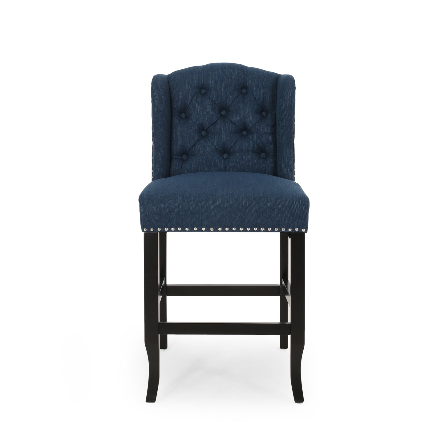 Vandalisa - Set of 2 - 27" Navy Blue & Dark Brown Fabric Tufted Wingback Counter Stools