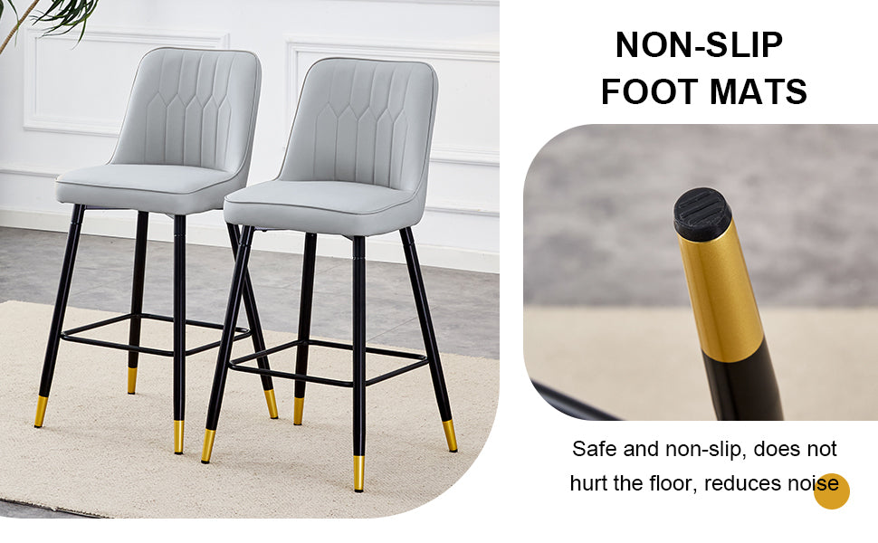 Hamilton - Set of 2 - 29" Light Gray PU Bar Stools with Gold-Decorated Black Metal Legs and Footrest