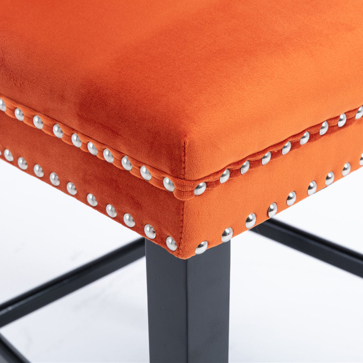 Sorrento - Set of 2 - 24.4" Orange Velvet Upholstered Barstools with Button Tufted Back, Wooden Legs & Chrome Nailhead Trim