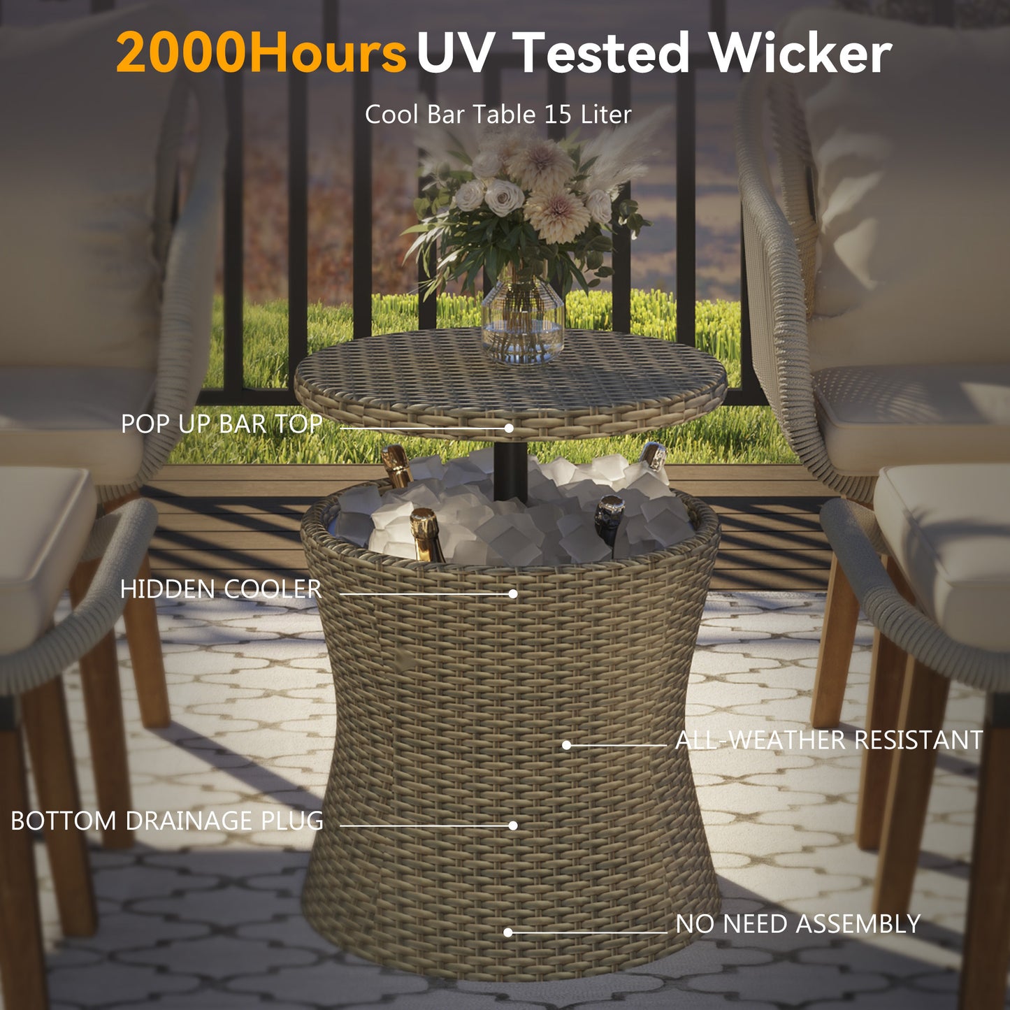 Hensleigh - Set of 2 - 18" Brown Wicker Patio Furniture Set with Cool Bar Table & Ottoman Stools – Modern Outdoor Lounge Chairs, Stylish Rope Weaving Design, Durable Acacia Wood Feet