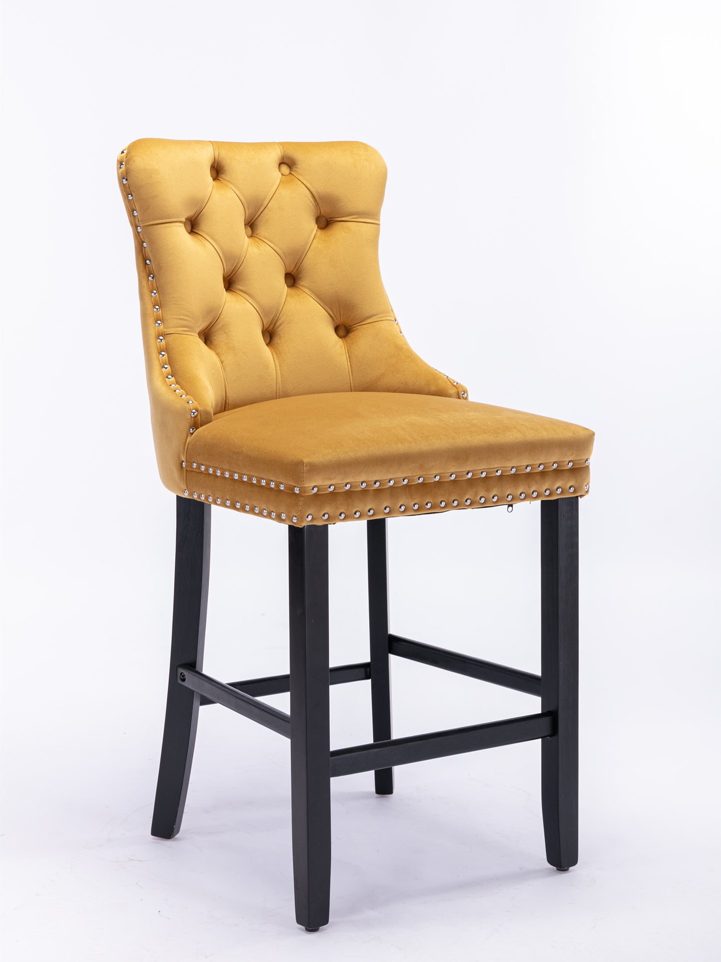 Golden Velvet - Set of 2 - 23.6" Upholstered Bar Stools with Button Tufted Design, Chrome Nailhead Trim & Wooden Legs