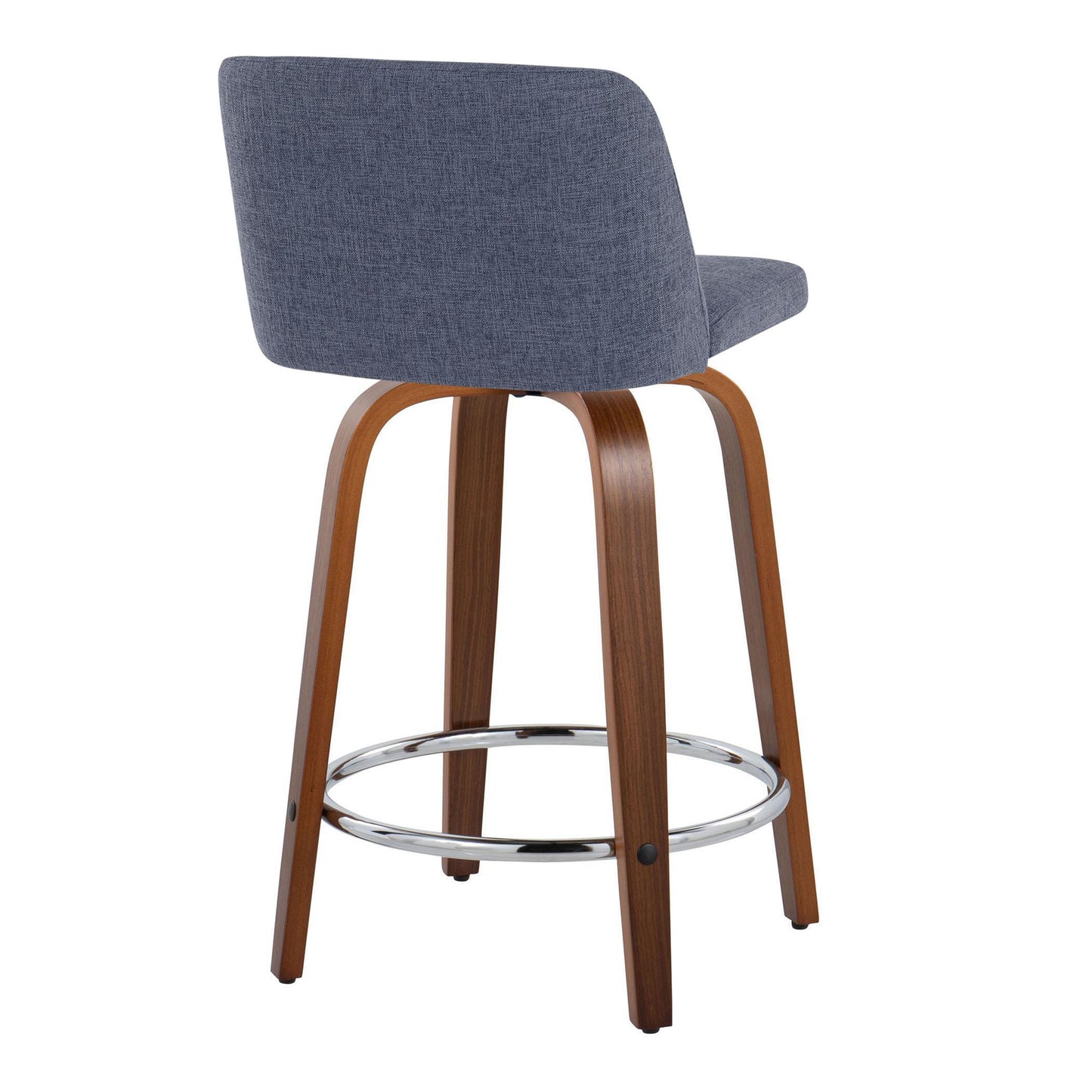 Terelle- Set of 2 - 24" Blue Swivel Mid-Century Modern Counter Stools with Walnut Wood Legs and Chrome Footrest