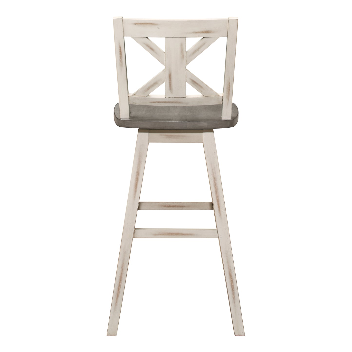 Anabella - Set of 2 - 29" Distressed Gray & White 360° Swivel X-Back Pub Chairs with Solid Rubberwood Frame and Rustic Bar Height Design