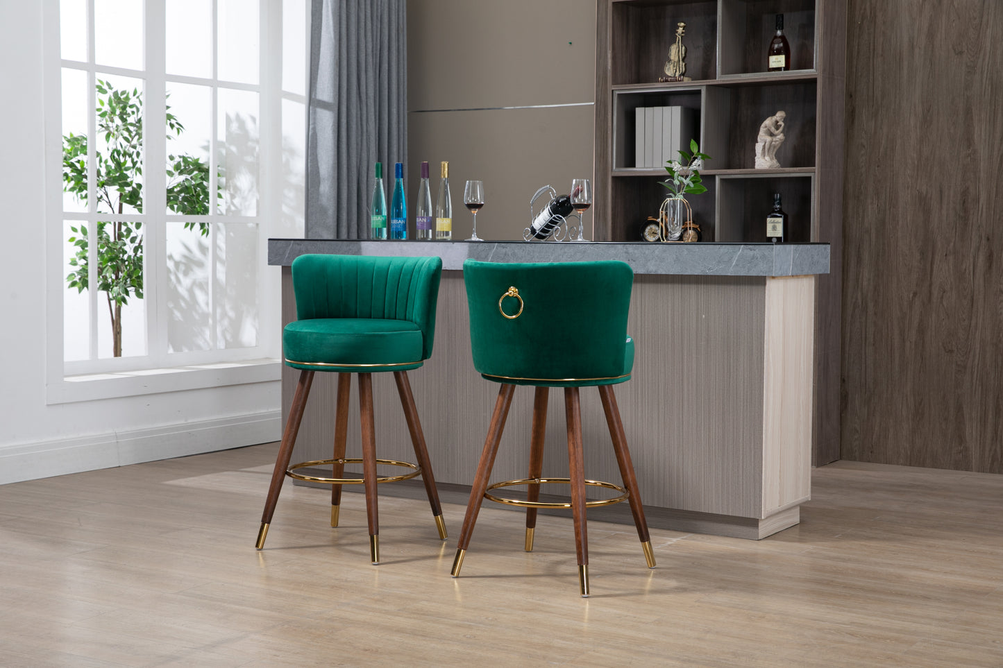 Monial - Set of 2 - 28" Emerald Swivel Bar Stools with Backrest, Footrest, and Solid Wood Legs