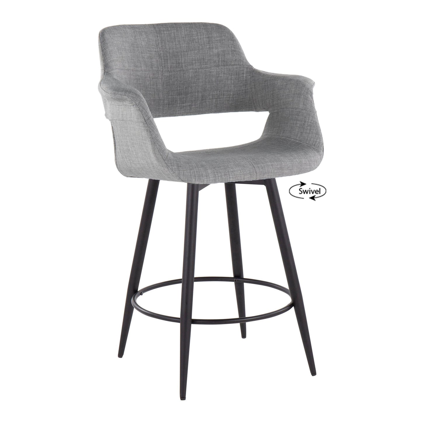 Lunara - Set of 2 - 24" Light Grey Swivel Counter Stools with Matte Black Metal Legs and Footrest