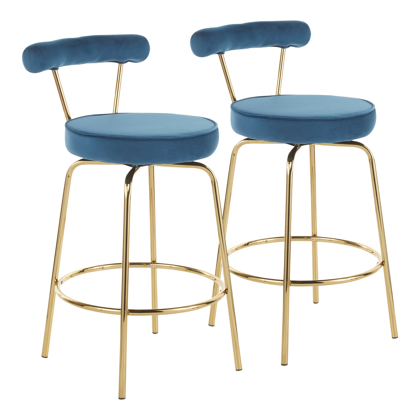 Richmond - Set of 2 - 34" Gold Metal Counter Stools with 360° Swivel Blue Velvet Upholstery Art Deco Glam Design