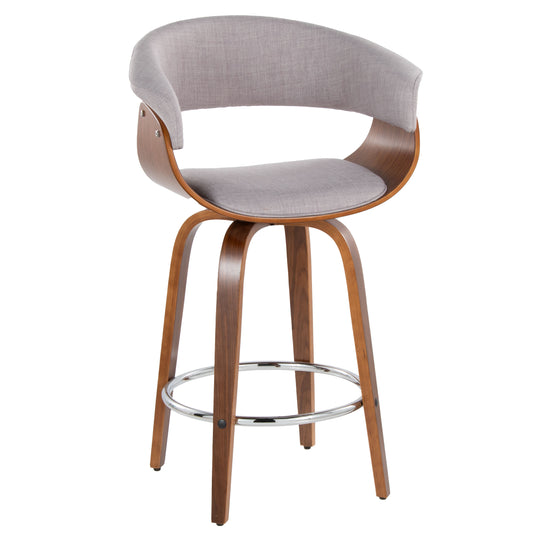 Esme - Set of 2 - 26" Grey Fabric and Walnut Wood Counter Stools with Swivel Seat and Chrome Footrest