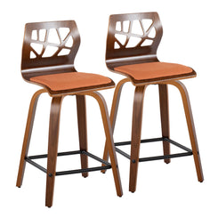 Fairmont - Set of 2 - 24" Mid-Century Modern Counter Stools Orange Fabric & Walnut Wood Swivel with Black Metal Footrest