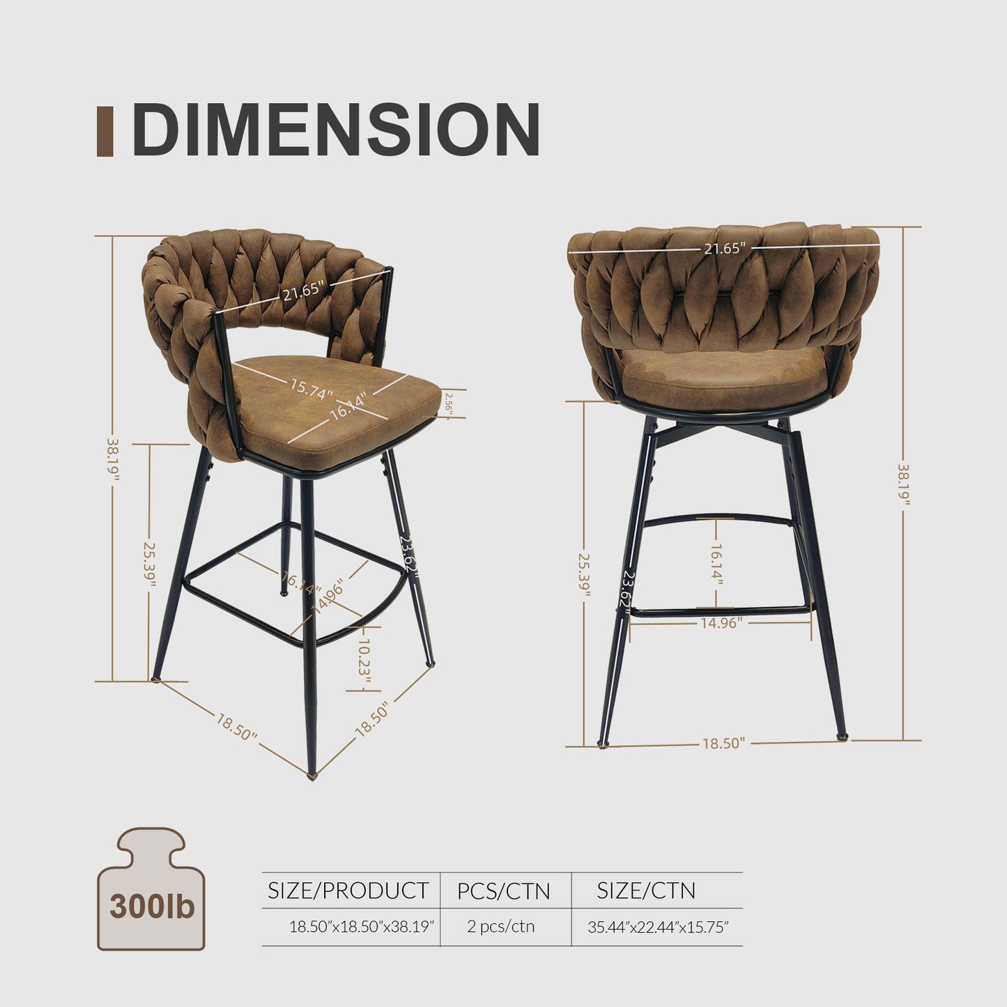 Millington- Set of 2 - 25" Woven Leather Counter Stools with 360° Swivel, Brown & Black Finish, Upholstered Technical Leather, Sturdy Metal Base