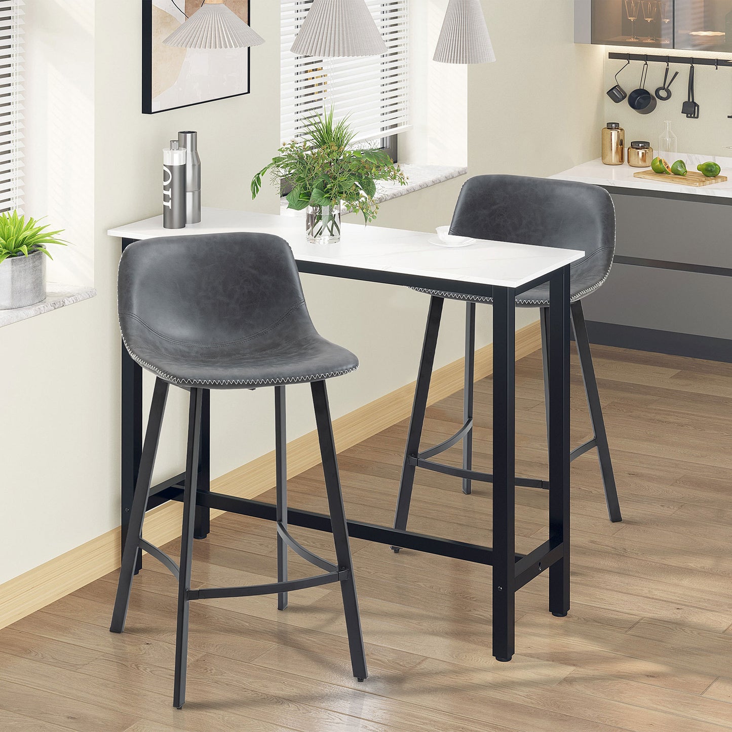 Harlequin - Set of 2 - 27.25" Gray Upholstered Armless Counter Height Bar Stools with Back and Steel Legs, Industrial Kitchen Dining Chairs