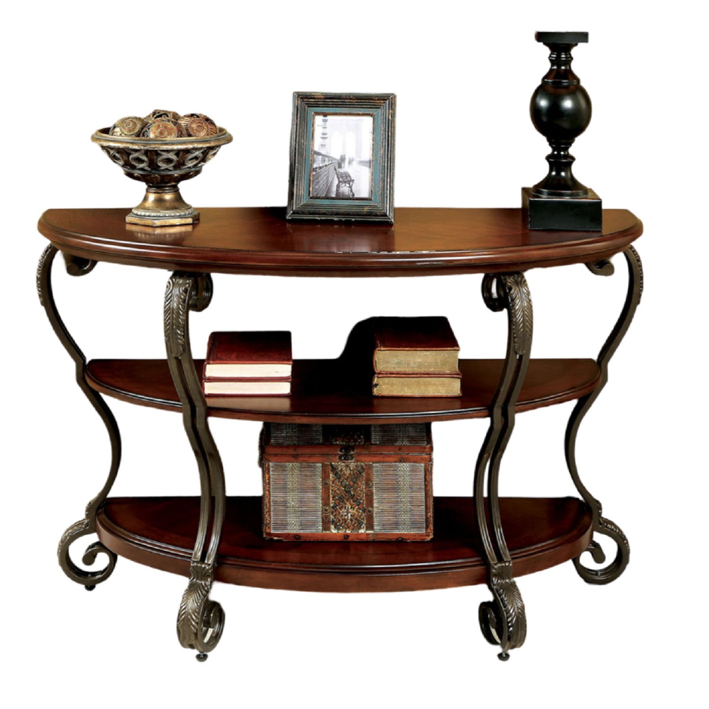 Sofa Table With Open Bottom Shelf And Ornate Scroll Detail Legs - Brown Multi