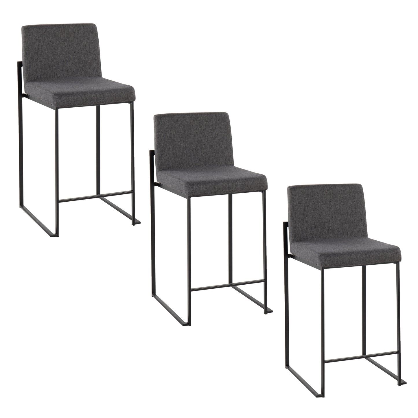 Milyndra - Set of 3 - 26" Charcoal Steel Counter Stools with High Back, Upholstered Seat, and Stylish Design