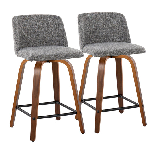 Olaris - Set of 2 - 24" Walnut Swivel Counter Stools with Gray Fabric