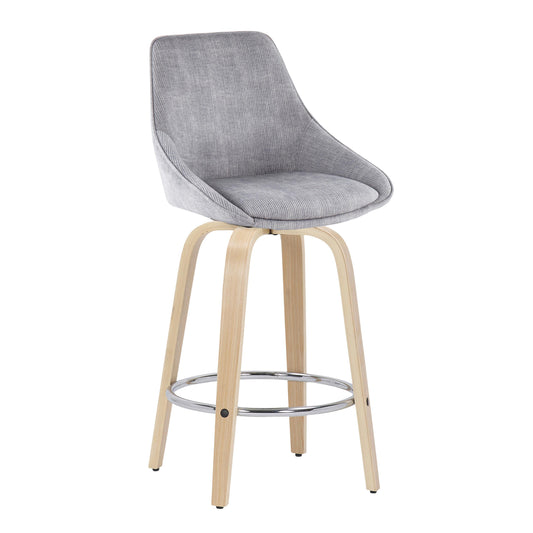 Evrail Set of 2 - 26" Seat Height – Grey Corduroy Counter Stool with Natural Wood Legs, Chrome Footrest, and Swivel Design