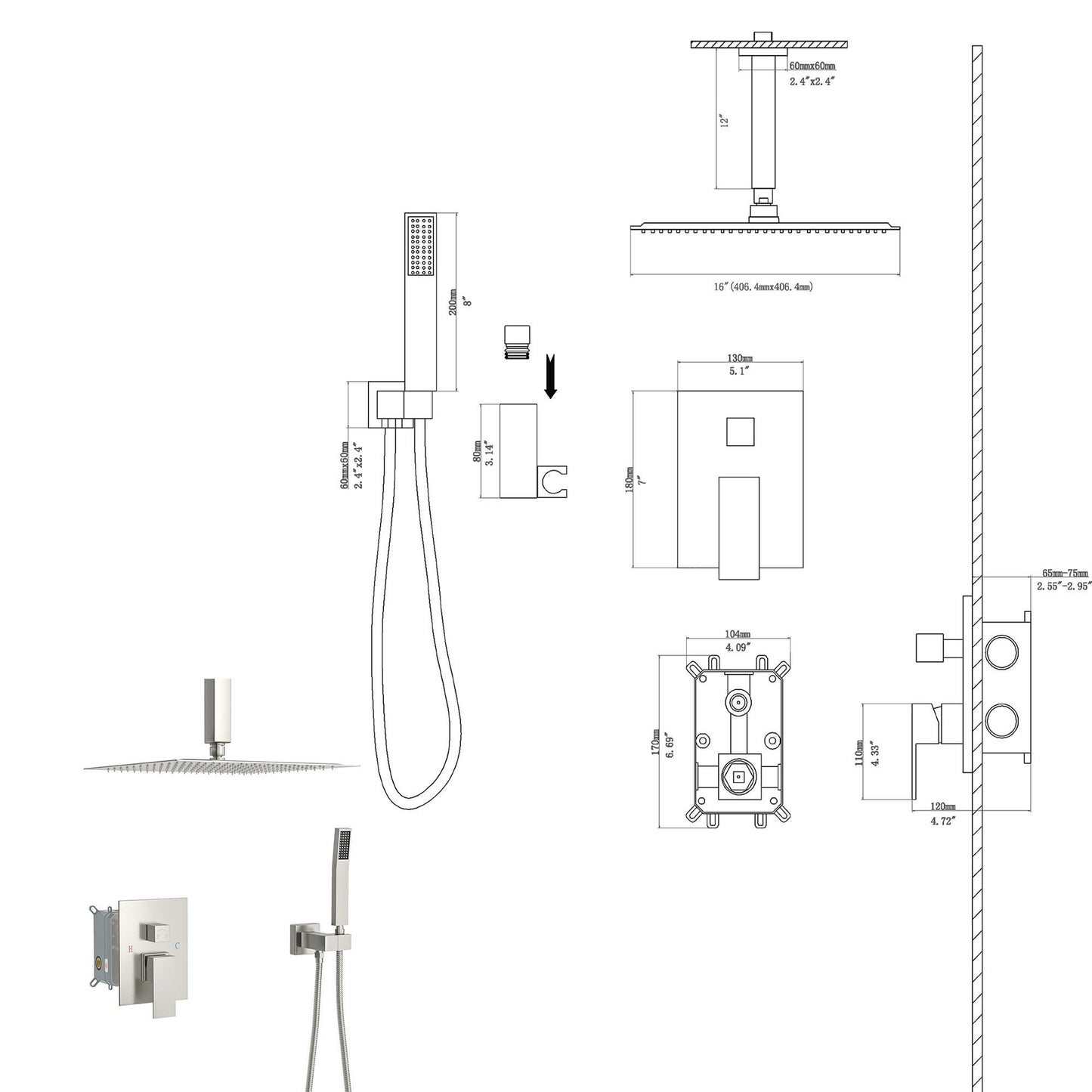 Dual Shower Head 16" Ceiling Mount Square Shower System With Rough In Valve