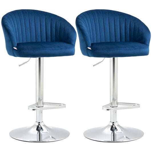 Manroe - Set of 2 -  24" Blue Velvet Adjustable Swivel Bar Stools with Steel Frame and Footrest, 25.5”-31.75” Counter to Bar Height