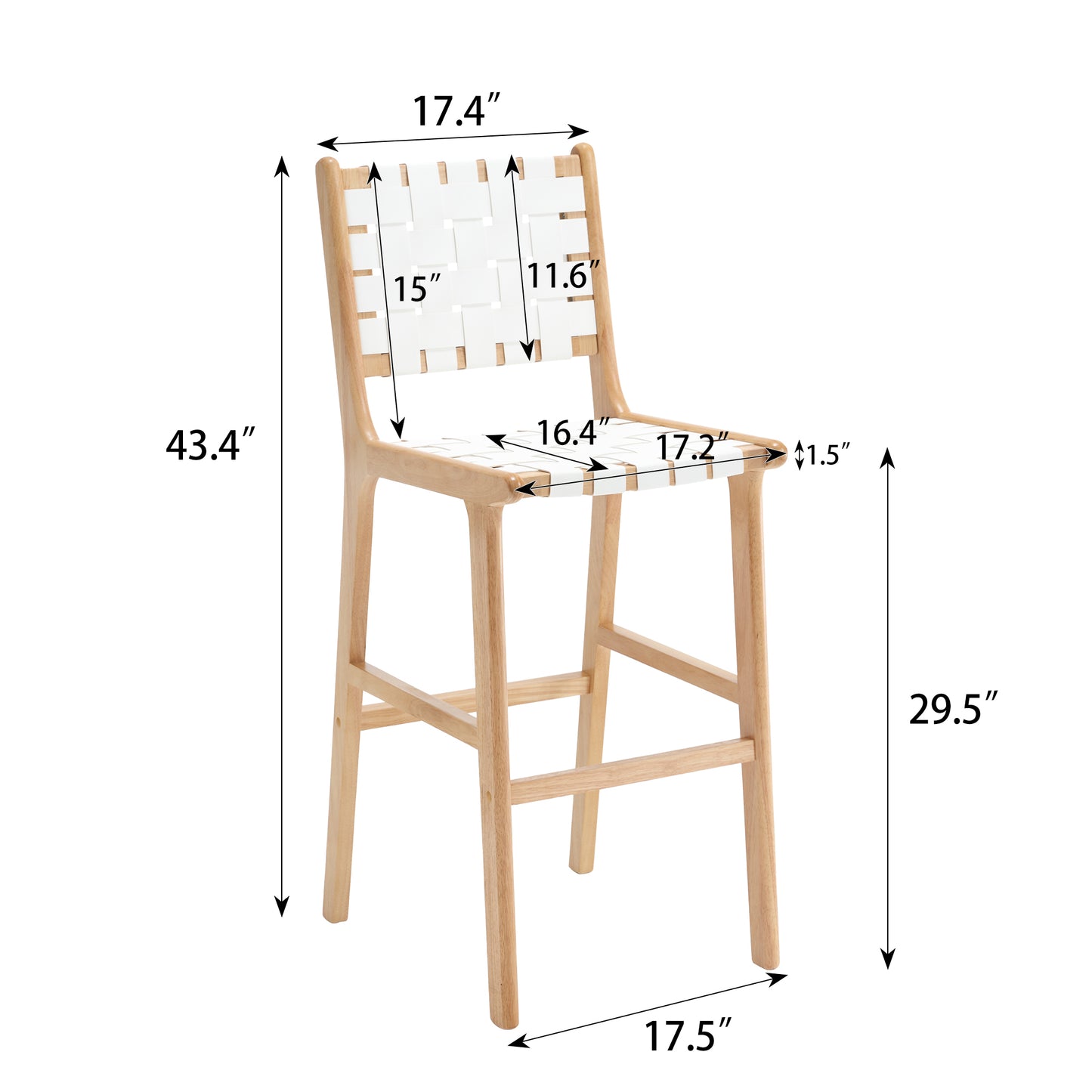 Hrdell - Set of 2 - 30" White Woven Saddle Leather Bar Stools with Solid Wood Legs