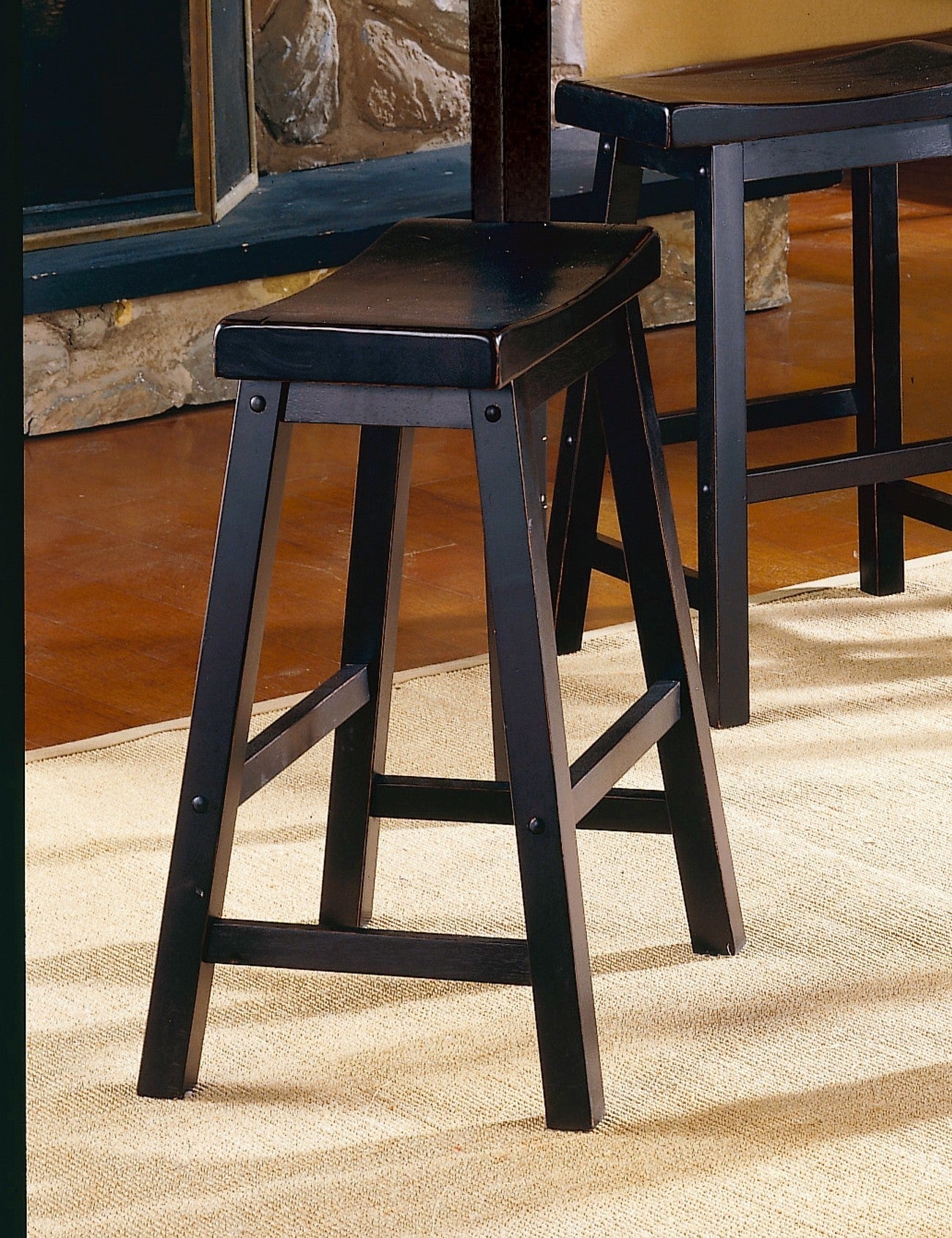 Spirata 24" - Set of 2 - Black Swivel Saddle Seat Counter Height Stools - Solid Wood Casual Dining Chairs