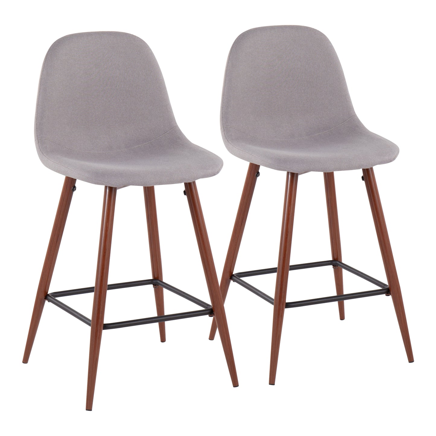 Pebble - Set of 2 - 26" Walnut & Light Grey Mid-Century Modern Counter Stools - Cushioned Seat and Sturdy Metal Legs for Kitchen and Dining