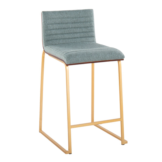 Moravelle - Set of 2 - 26" Fixed-Height Contemporary Counter Stool with Gold Metal Frame, Walnut Wood, and Green Fabric, Luxe Design by LumiSource