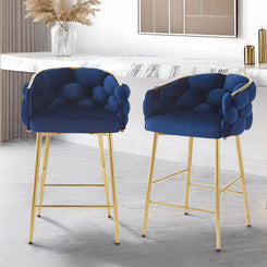 Narelle - Set of 2 - 28" Dark Blue Velvet Modern Counter Stools with Gold Metal Frame, Comfortable Backrest & Footrest