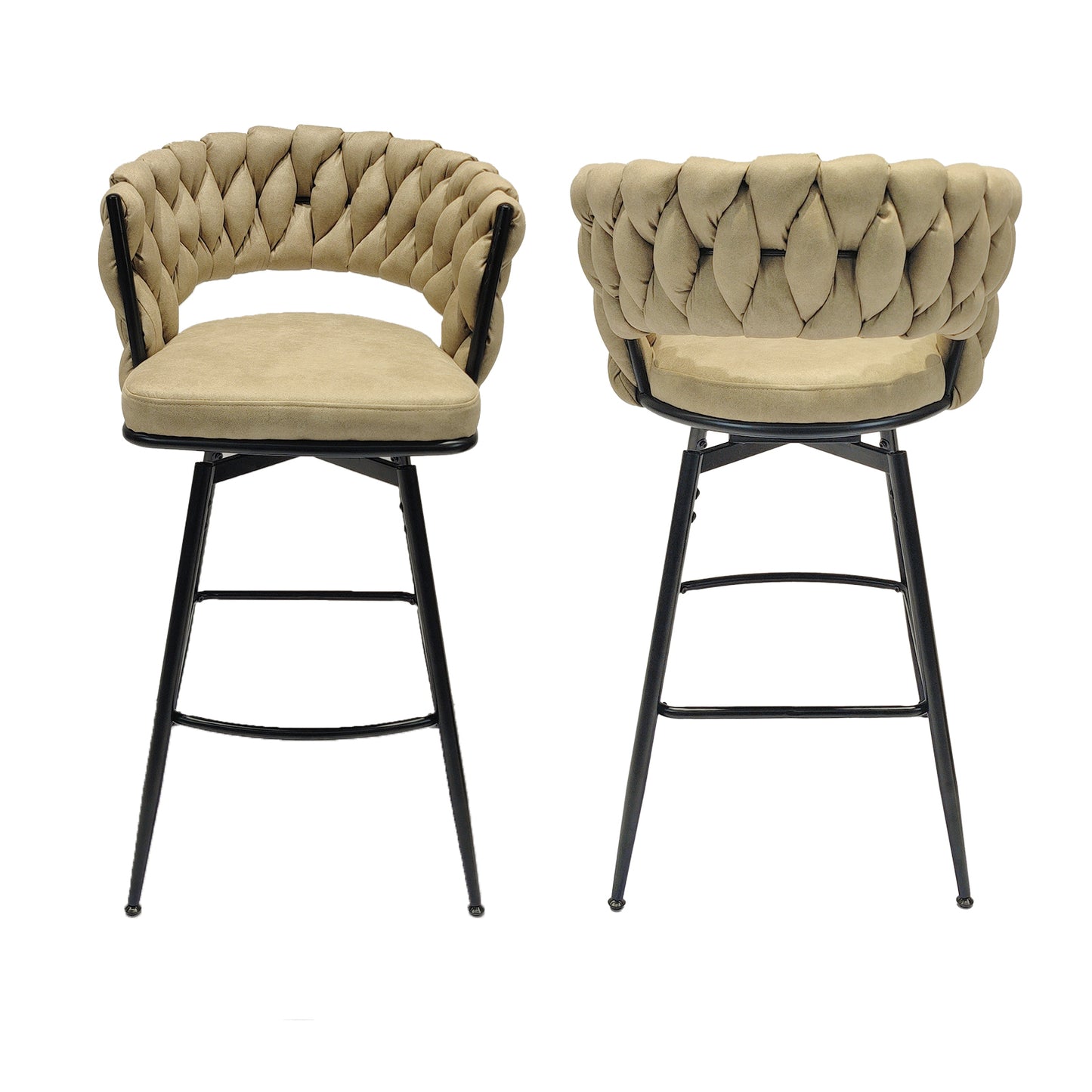 Lathorn - Set of 2 - 29" Light Brown Woven Technical Leather Swivel Bar Stools with Black Legs, Upholstered Counter Height Chairs with Backrest & Footrest