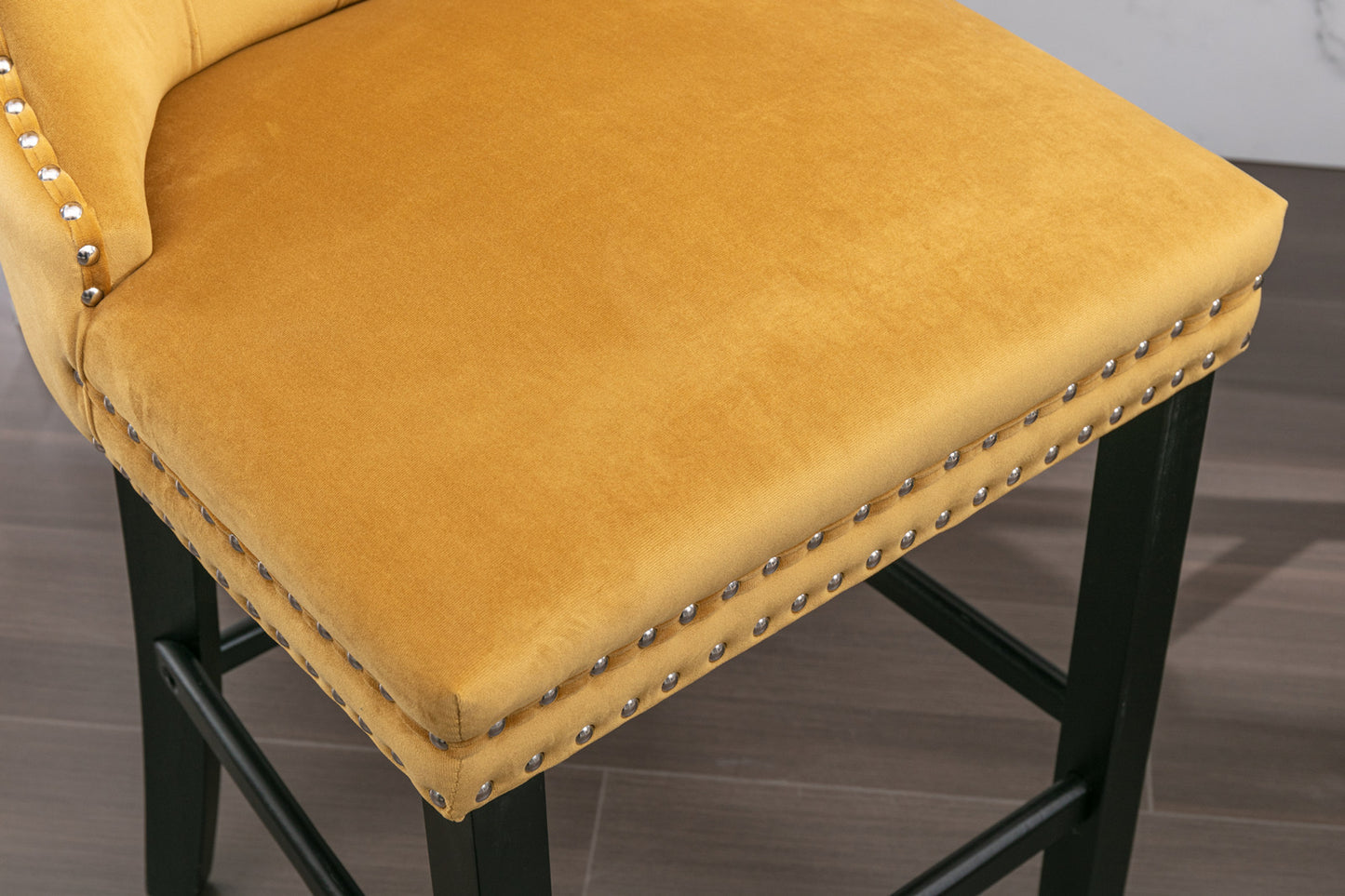 Golden Velvet - Set of 2 - 23.6" Upholstered Bar Stools with Button Tufted Design, Chrome Nailhead Trim & Wooden Legs