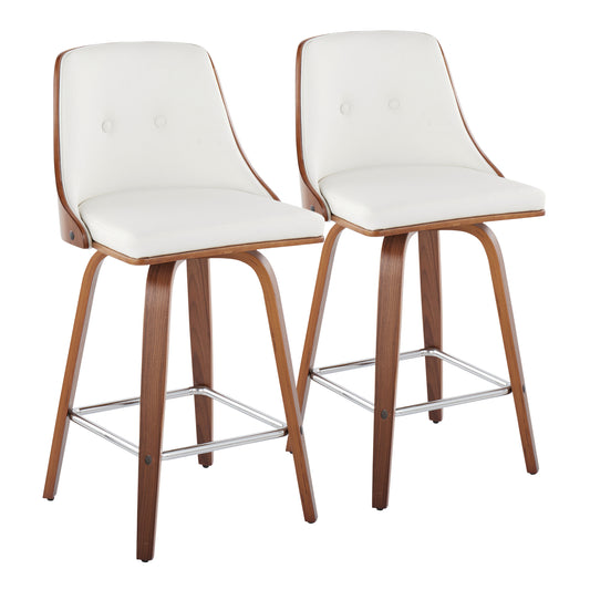 Griselle - Set of 2 - 24" Walnut Wood & Light White Faux Leather Counter Stools with Chrome Metal Footrest